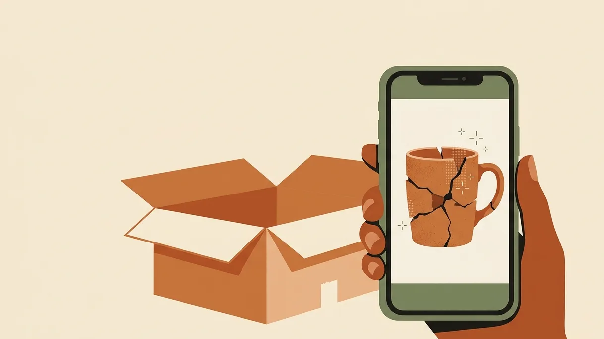 A hand holds up a phone showing a photo of a cracked mug, with sparkles over the cracks hinting the damage was faked, beside an open shipping box