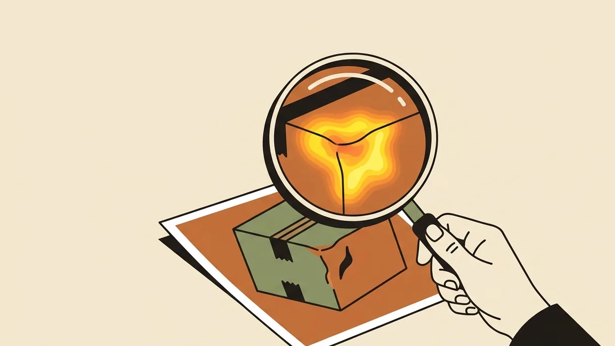 A magnifying glass over a printed photo of a dented parcel reveals a glowing heat map where the damage was edited