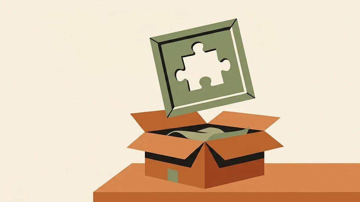 An open returned parcel on a shop counter under a floating picture frame with a puzzle-piece-shaped hole where the photo should be